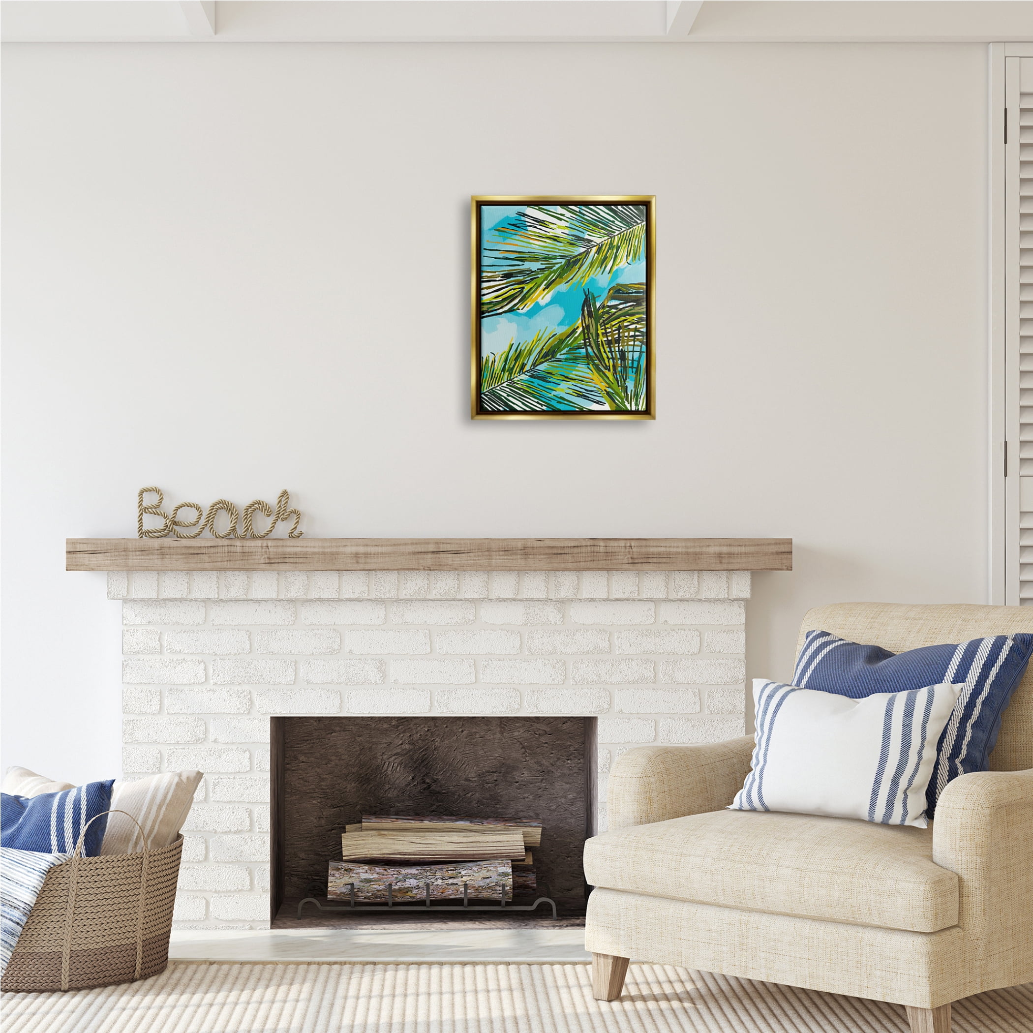 Stupell Industries Palm Leaves Blue Sky Botanical & Floral Painting Gold Floater Framed Art Print Wall Art, 17 x 21