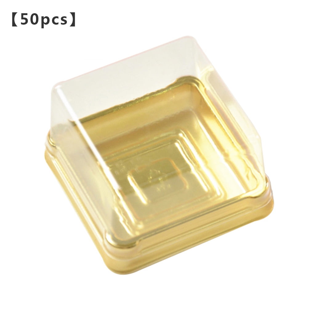50Pcs Square Mini Cakes Box Clear Plastic Muffins Cups with Lids Cookies Cupcake Container, Golden
