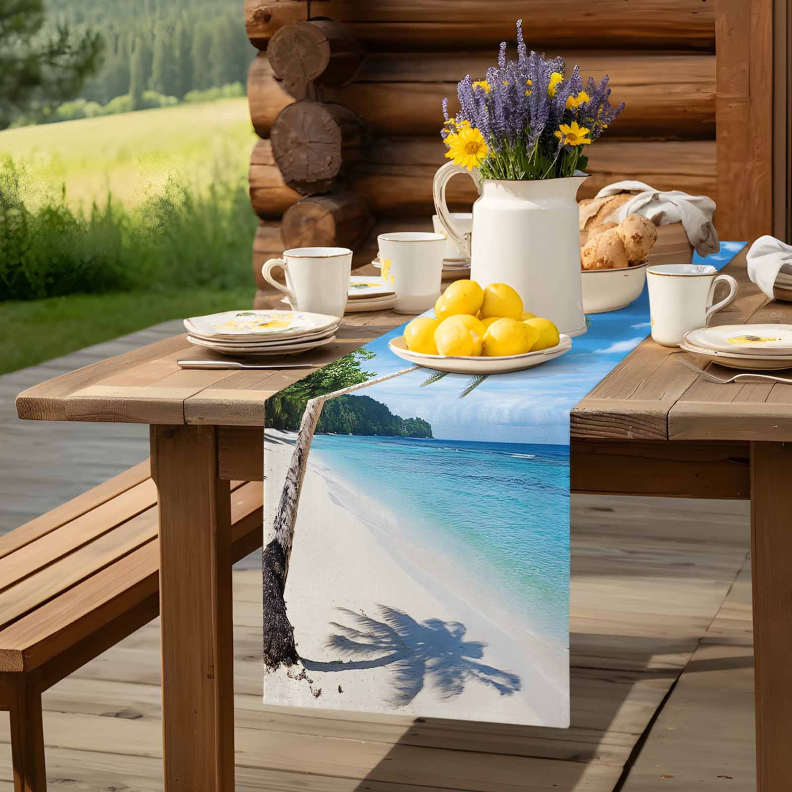 Summer Beach Coconut Tree Table Runner 90 Inches Long, Blue Ocean Sky Table Runners Tabletop Scarf Kitchen Dining Tables Decoration for Home Party Indoor Outdoor