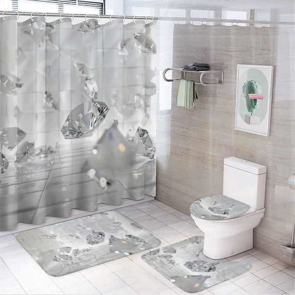 Clear Diamonds 4 Pcs Bathroom Shower Curtain Set, Bathroom Sets with Rugs (Bath Mat, U Shape and Toilet Lid Cover Mat) and 12 Hooks,