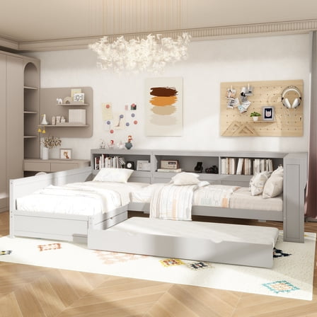 Wood Twin Size L-shaped Platform Bed with Trundle and a Drawer, Grey