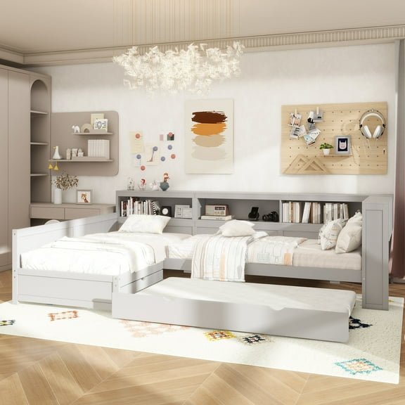 Wood Twin Size L-shaped Platform Bed with Trundle and a Drawer, Grey