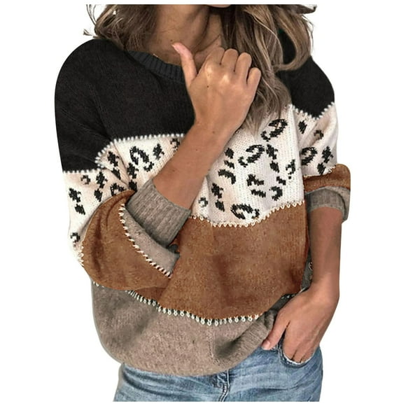 Ladies Fashion Casual Autumn And Winter Season Personality Leopard Print Patchwork Knitted Pullover Plus Size Wool Clothing Women'S Pullover Sweater Brown L
