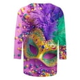 thumbnail image 3 of Cavosen Mardi Gras Womens Shirts Three Quarter Sleeve Holiday Carnival Round Neck Shirts Mask Graphic Print Blouse Festival Fashion Tops Loose Going out Tees Party Tuesday Purple S, 3 of 4