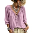 thumbnail image 2 of HaCpiu Women's Solid V-Neck Ruffle Blouse, Casual Loose 3/4 Sleeve Tie-Front Tunic Top, Lightweight Flowy Shirt with Elastic Ruffled Cuffs, Pink XXL, 2 of 6