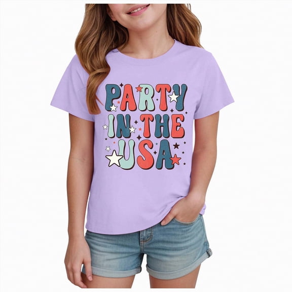 kpoplk Girls Patriotic T-Shirts 250Th America Anniversary Graphic Tee Short Sleeve Shirt Independence Day Kids Tops Ages 1-14(Purple,9-10 Y)