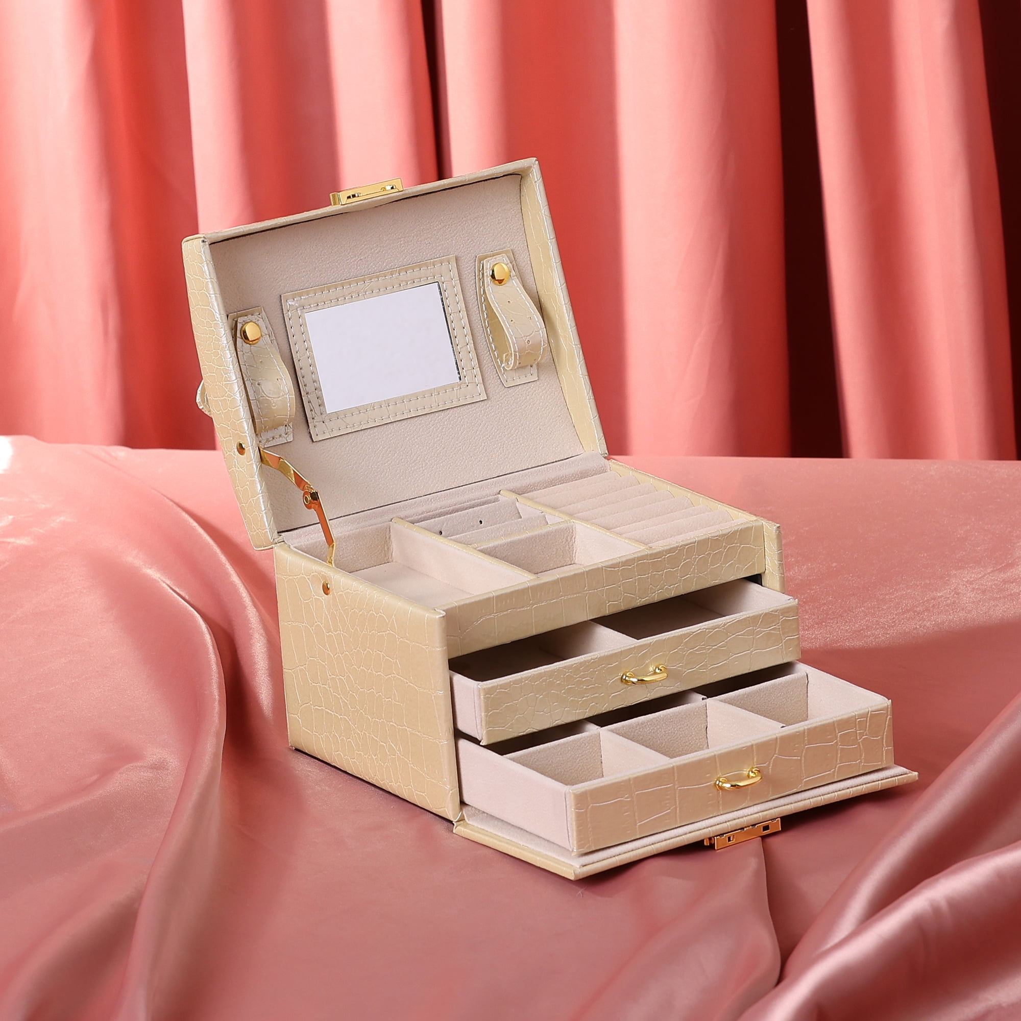 Unique Bargains 3 Layer Jewelry Box with Mirror for Women PU