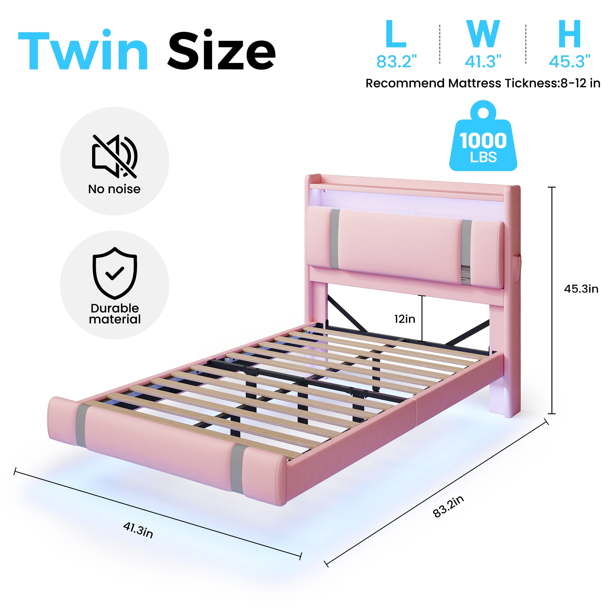 NEGYLIM Floating Bed Frame Twin Size with LED Lights, Easy to Assemble, Metal Platform Bed with Storage Headboard, No Box Spring Needed, Pink