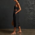 thumbnail image 4 of Women's Vacation Capri Jumpsuits Spaghetti Strap Wide Leg Linen Rompers Deep V Neck Sleeveless Cropped Jumper Black, L, 4 of 7