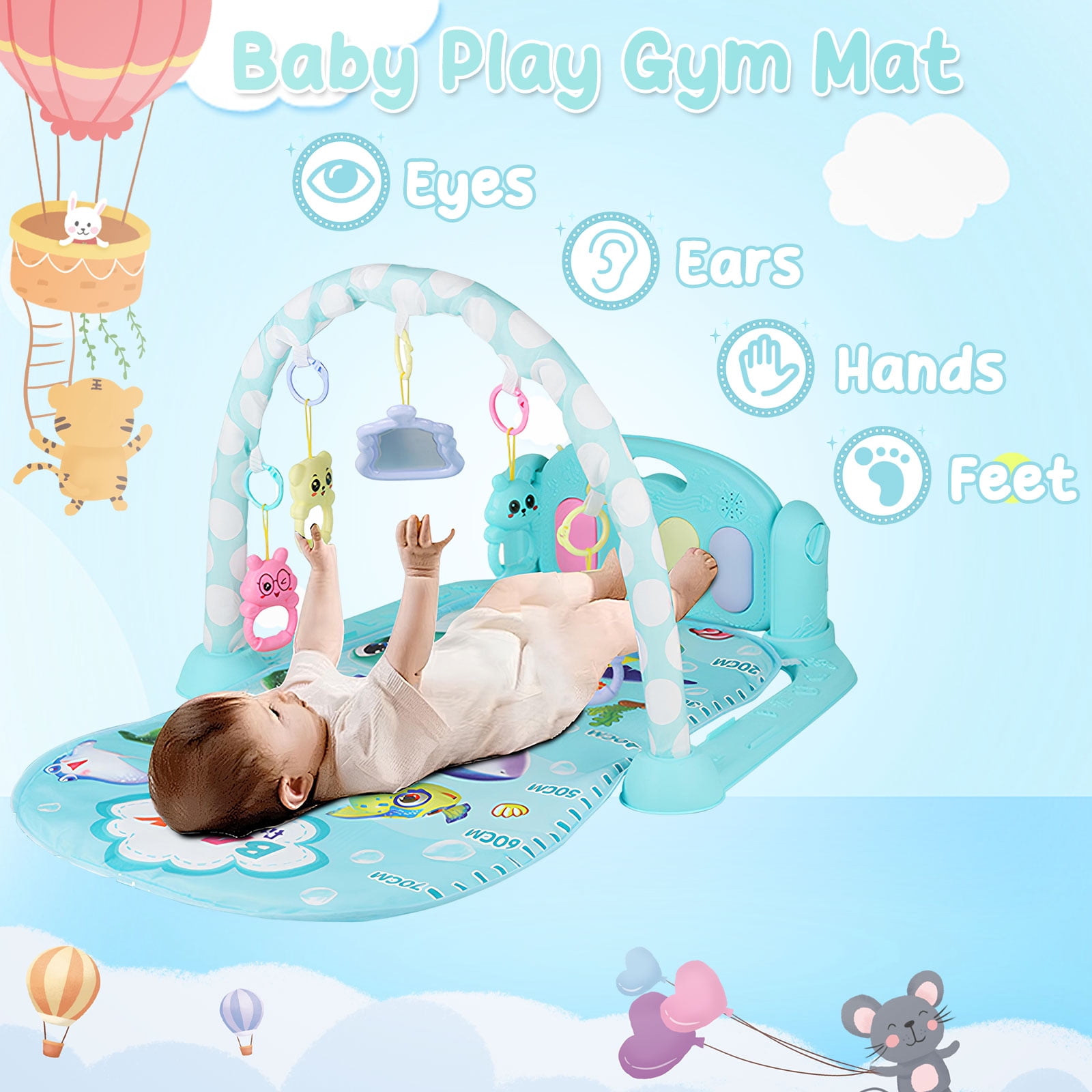 Baby Gym Play Mat 3 in 1 Fitness Music and Lights Fun Piano Activity Mat Infant Newborn Toys(Blue)