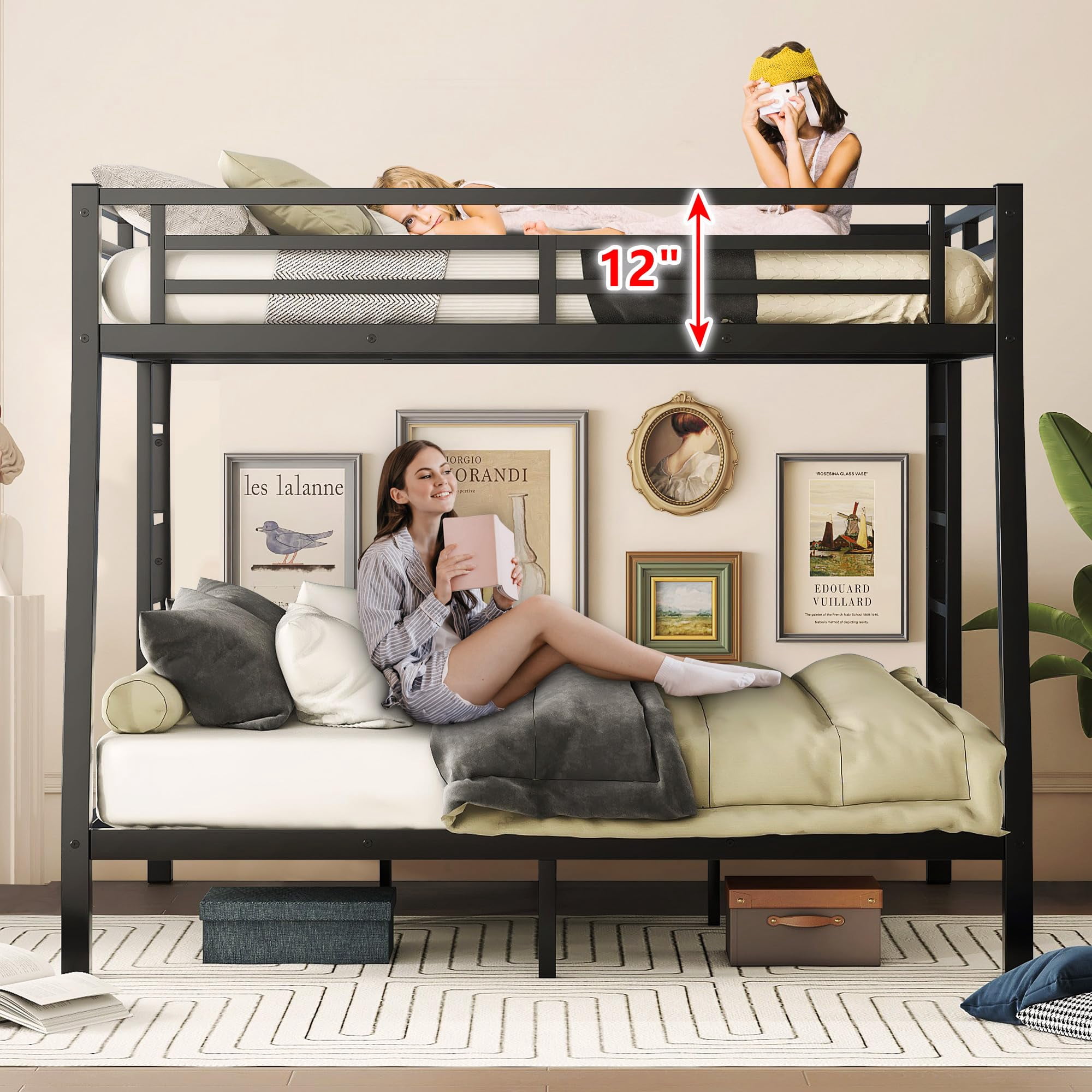Miniyam Full XL over Queen Metal Bunk Bed with 2 Ladders, Heavy Duty Noise-Free Frame with Guardrails, No Box Spring Needed, for Adults, Black