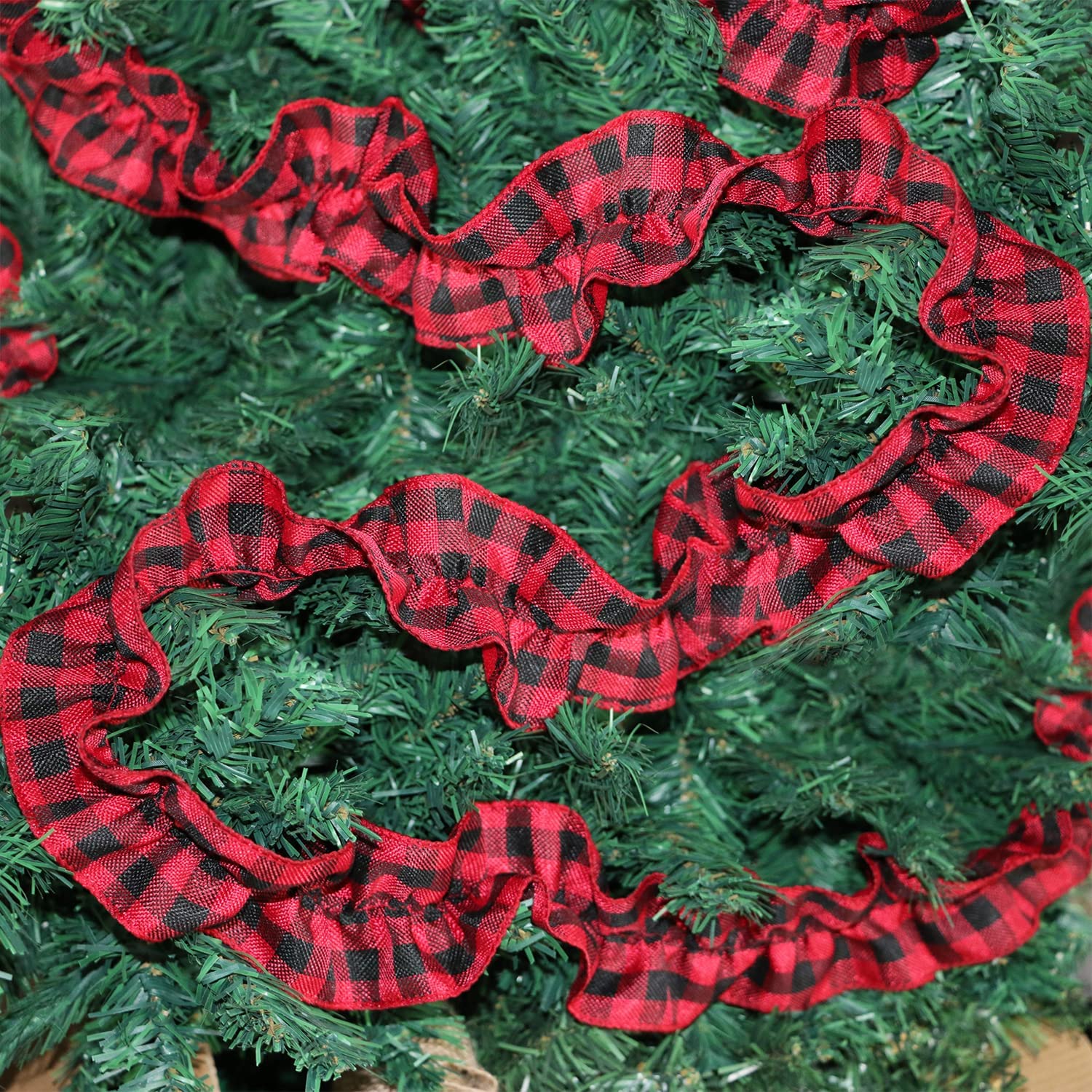 Dalrosia 6PCS Plaid Christmas Tree Garland Christmas Buffalo Plaid Ribbon Ruffled Homespun Fabric Garland Christmas Tree Ribbon Decorations for Christmas Home Wreath Staircase Tree Decor