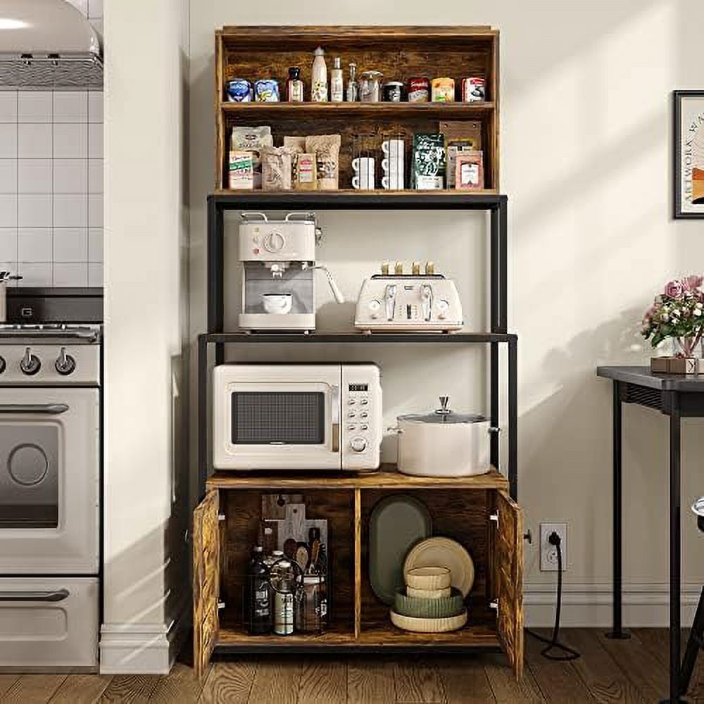 5-Tier Kitchen Bakers Rack with Power Outlet, Industrial Microwave Oven Stand with Shelves, Kitchen Utility Storage Shelf with Cabinet, Standing Kitchen Storage Rack, Rustic Brown
