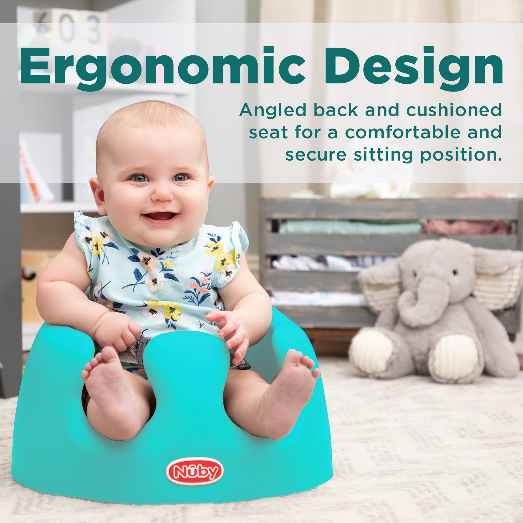 Nuby My Floor Seat Soft Foam Baby Booster Seat with 3-Point Harness, Aqua