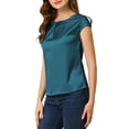 thumbnail image 4 of INSPIRE CHIC Women's Cap Sleeve Silky Blouse Round Neck Pleated Casual Elegant Top, 4 of 6