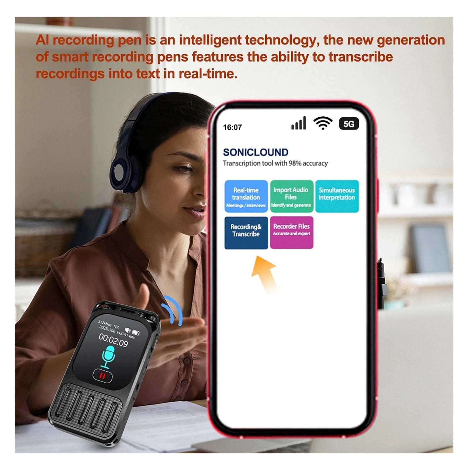 Voice Recorder Real-Time Translation Voice to Text Blue Tooth Connect Touchable Screen Recorder