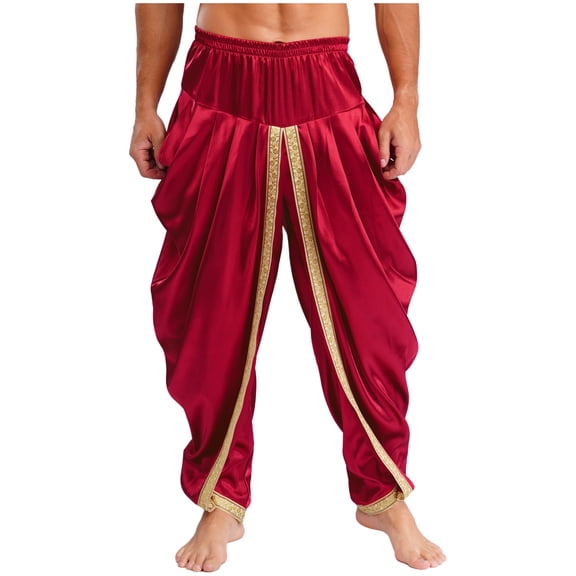 inhzoy Mens Satin Harem Pants Casual Elastic Waist Dhoti Pants Baggy Boho Hippie Wedding Party Kurta Burgundy XXL