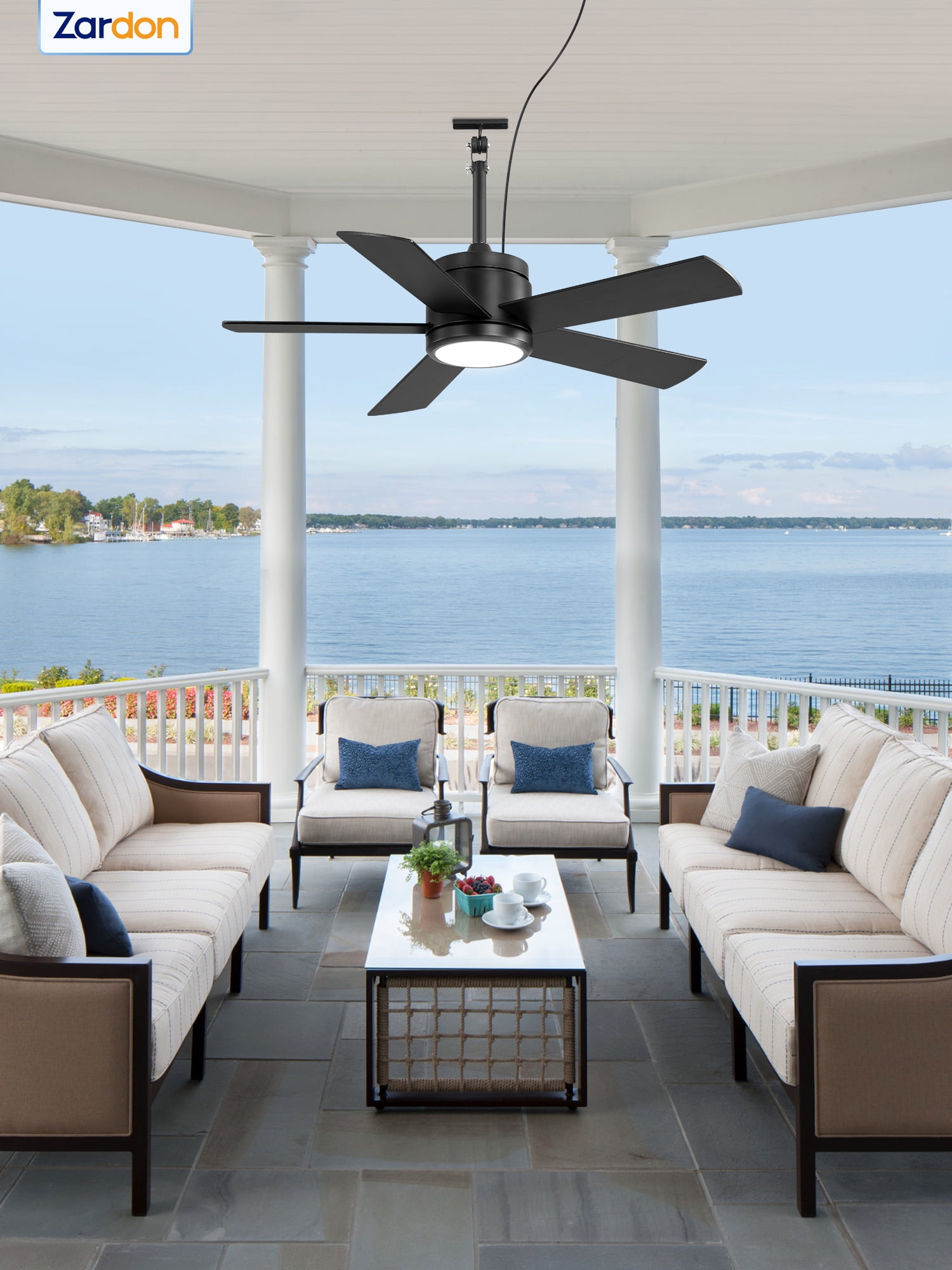 Zardon 42" Outdoor Ceiling Fan with Light & Remote, Waterproof Plug-in Ceiling fan with 6 Speeds, DC Motor, Downrod Mount for Patio, Gazebo, Pergola, Porch- Black