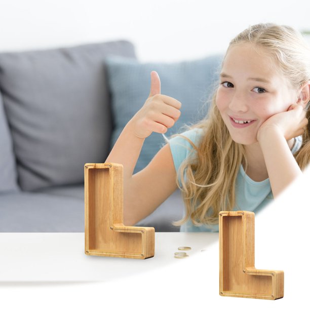 Lata de ahorro de madera con letras en inglés y cristal transparente.