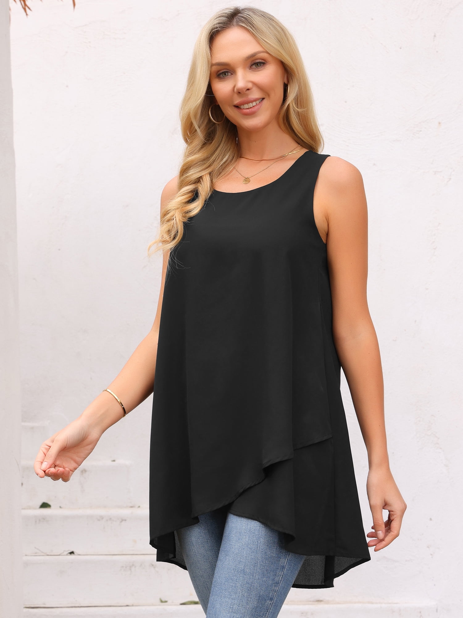 DARING DIVA Women's High Low Casual Sleeveless Chiffon Blouse Asymmetrical L Black