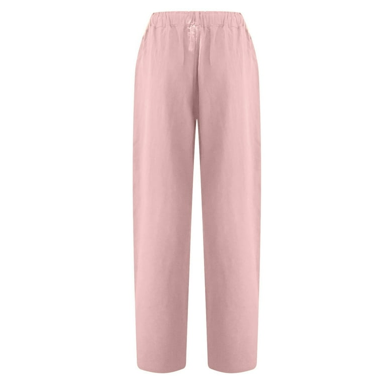 Clearance RYRJJ Womens Cotton Linen Work Pants Casual Plus Size High Waist  Capri Pants Summer Loose Comfy Straight Leg Cropped Pants(Pink,M)