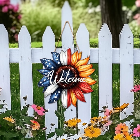 erdimoy 4th of July Decorations Sunflower Welcome Door Hanger Summer Door Sign Patriotic Decor Double-Sided Design for Independence Day, Memorial Day, or any American holiday