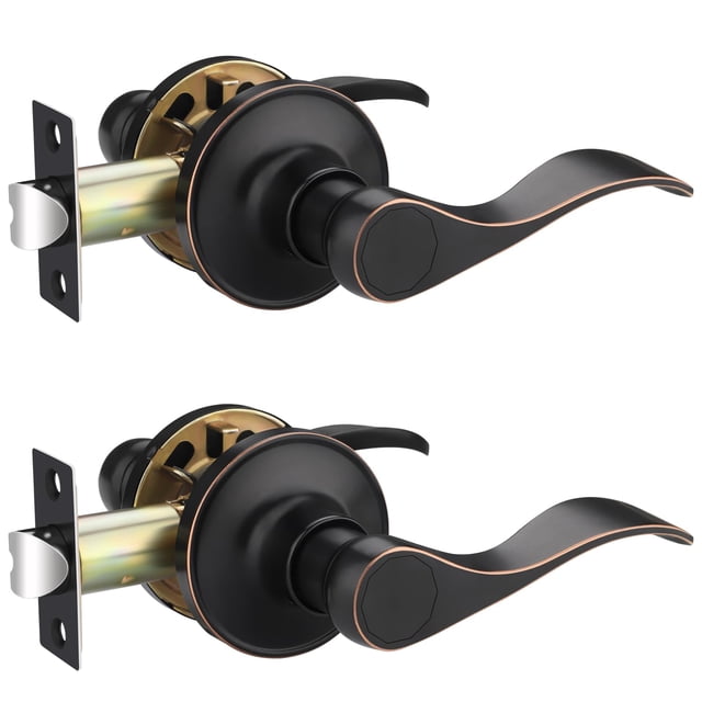 2 Pack Oil Rubbed Bronze Door Handles without Keys, Interior Door Knobs for Hallway/Closet/Storeroom, Non-Lock Passage Door Knobs, Elegant Wave Design, Reversible for Left/Right Handed Doors
