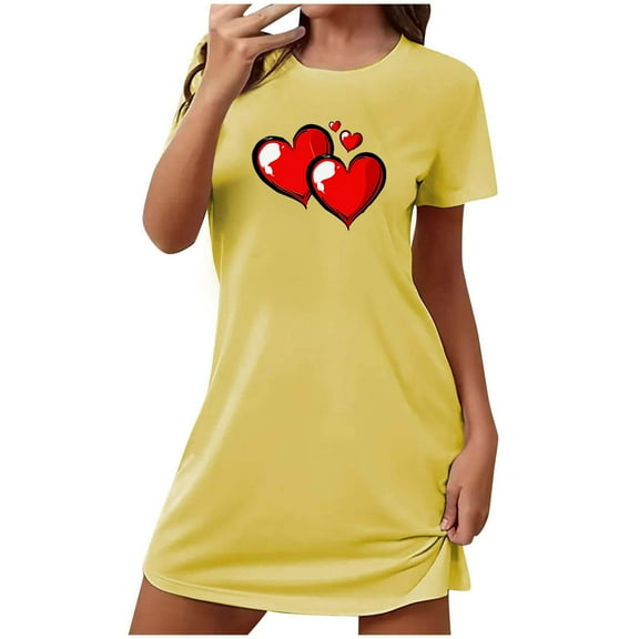 Jgppe Women's Short Nightdress Printed Round Neck Short Sleeves Nightgown Sleep Dress Valentine's Day
