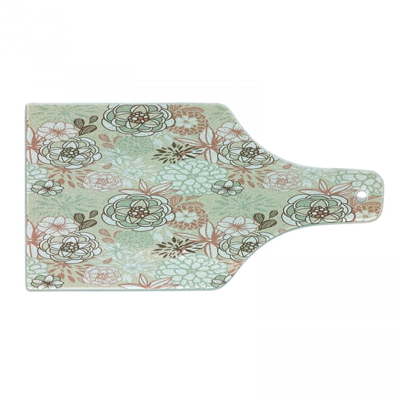 Floral Cutting Board, Vintage Romantic Wildflowers in Various Kinds Doodle Drawing Style Love, Tempered Glass Cutting and Serving Board, Wine Bottle Shape, Pale Green Brown Peach, by Ambesonne
