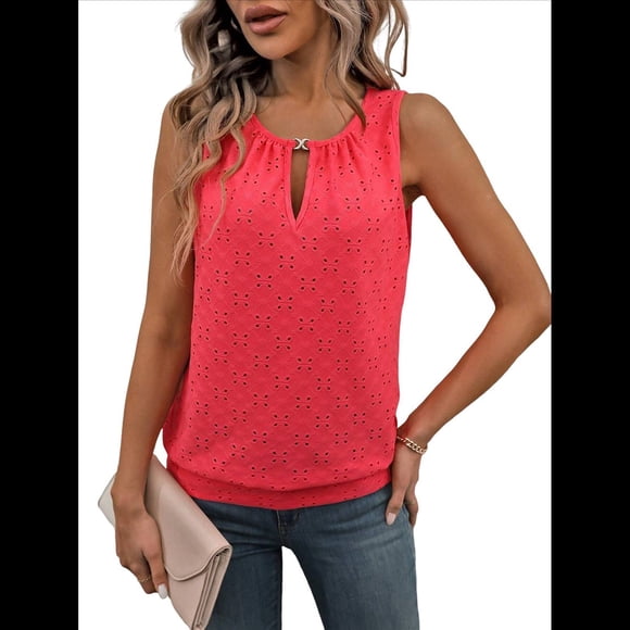 Blusas de Verano con Ojales para Mujer, Camisetas Sin Mangas con Cuello Redondo, Camisetas para Mujer Rosa Roja S