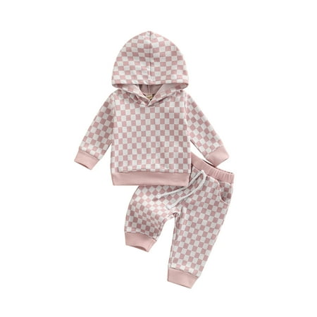 

sdghg Baby 2 Pieces Outfits Checkerboard Print Long Sleeve Hoodies Tops + Elastic Waist Long Pants Fall Set