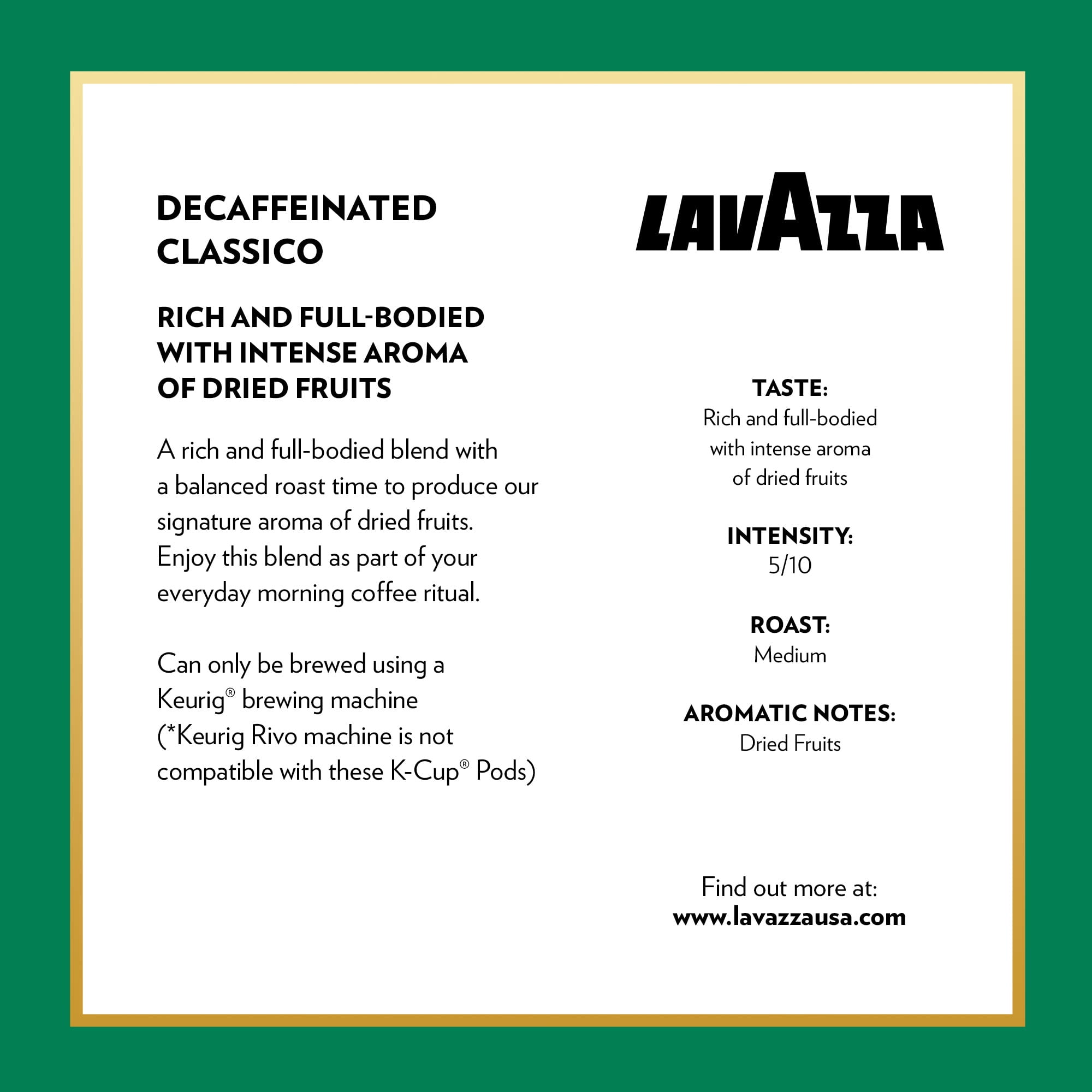 Lavazza Classico Decaf Single-Serve Coffee K-Cup Pods for Keurig Brewer, Medium Roast, 22 Count Box
