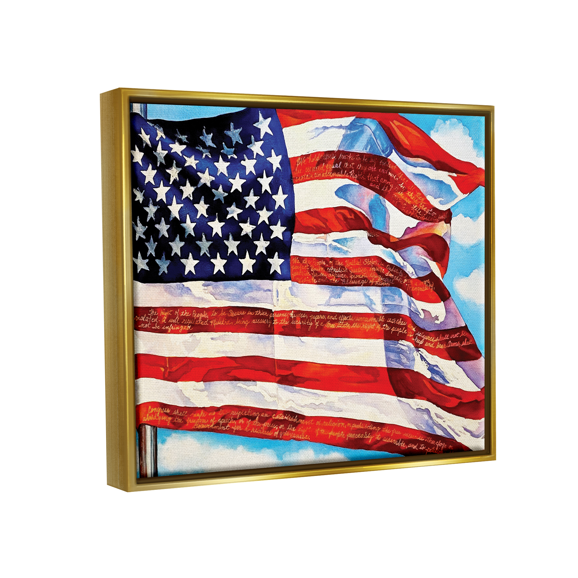 Stupell Industries Windblown American Flag Inspirational Painting Gold Floater Framed Art Print Wall Art, 31 x 25