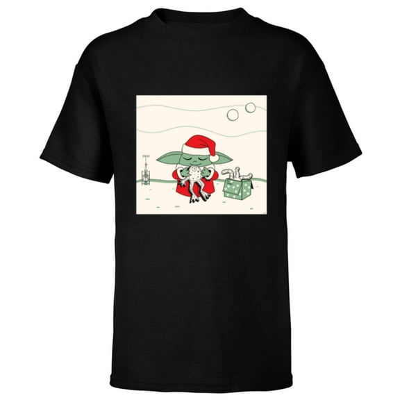 Star Wars Grogu Santa Costume with Holiday Christmas Cookies - Short Sleeve T-Shirt for Kids - Customized-Black