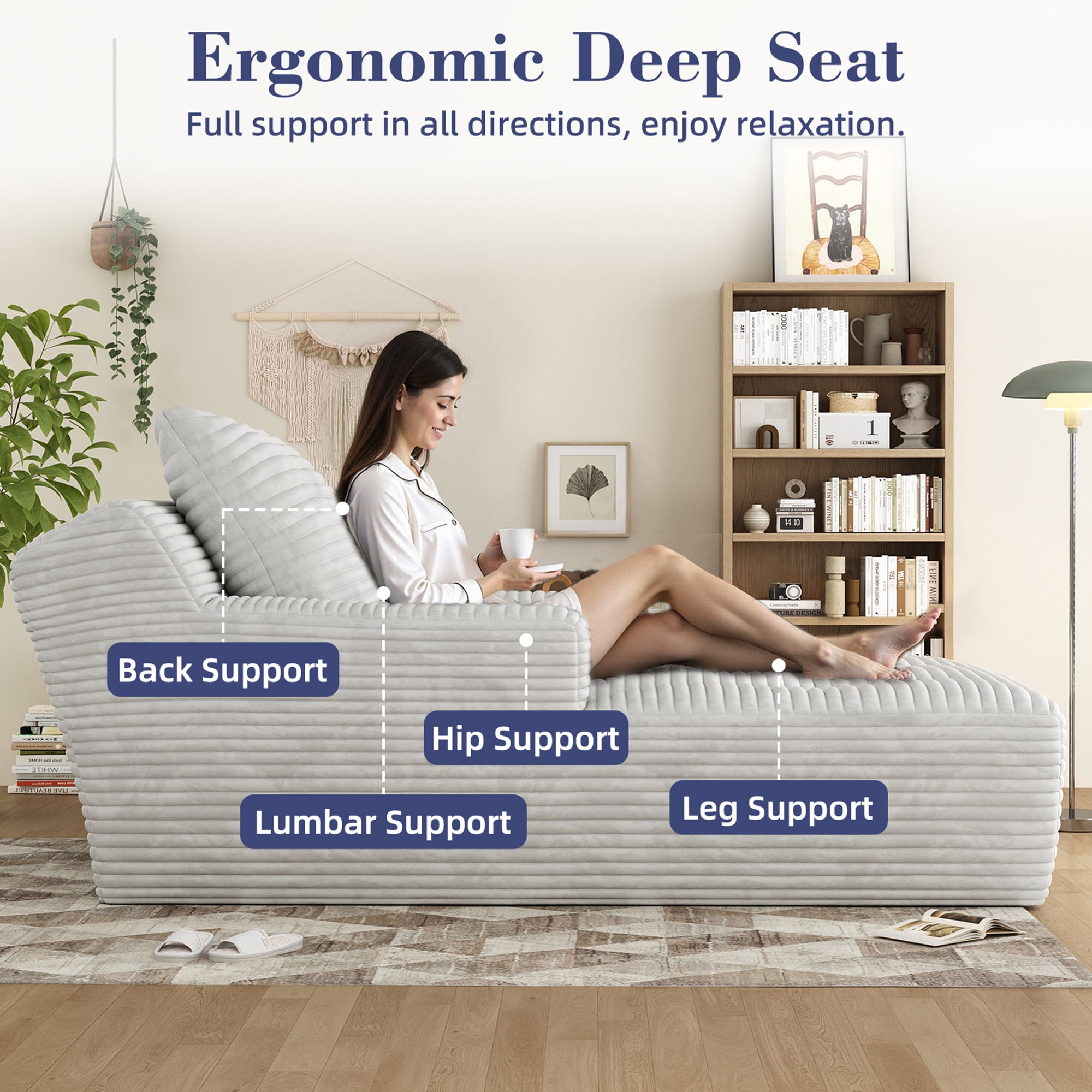 67'' Oversized Chaise Lounge Chair Indoor, Cloud Plush Corduroy Upholstered Sofa Bed, Modern Deep Seat Sofa with Back Cushion, Pillows, Cozy Sleeper Couch for Living Room, No Assembly Required, White