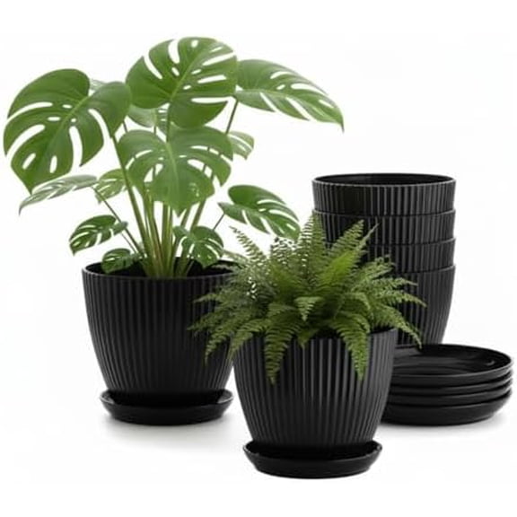 7.5 Inch Black Thickened Plastic Plant Pots with Saucers, 6-Pack Modern Seedling Planters for Indoor Outdoor Plants, Durable Heavy-Duty PP Material for Herbs Flowers Vegetables​ (＜8 inch)