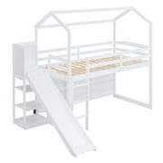 Pinovk Twin Size Wood House Loft bed with Slide, Storage shelves and Light, White