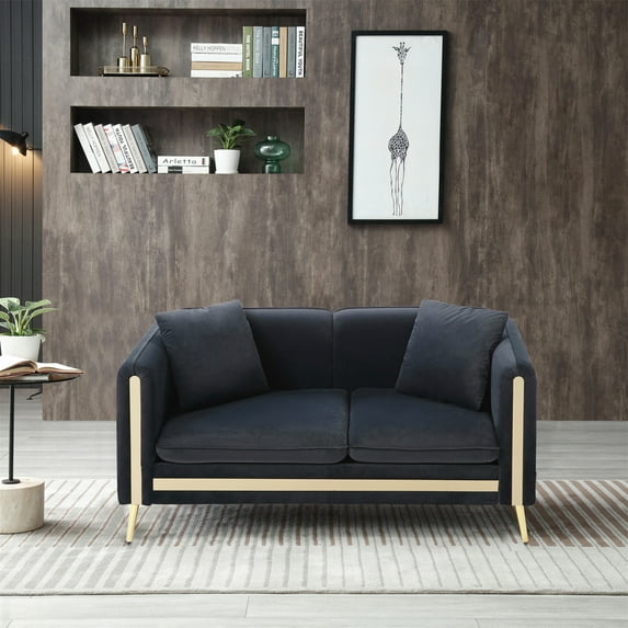 Loveseat Sofa, 59" Modern Velvet Upholstered Accent Sofa with Removable Seat Cushions, Side Pocket and 2 Pillows, 2 Seater Tufted Sofa Couch with Gold Metal Legs for Living Room Bedroom Office, Black