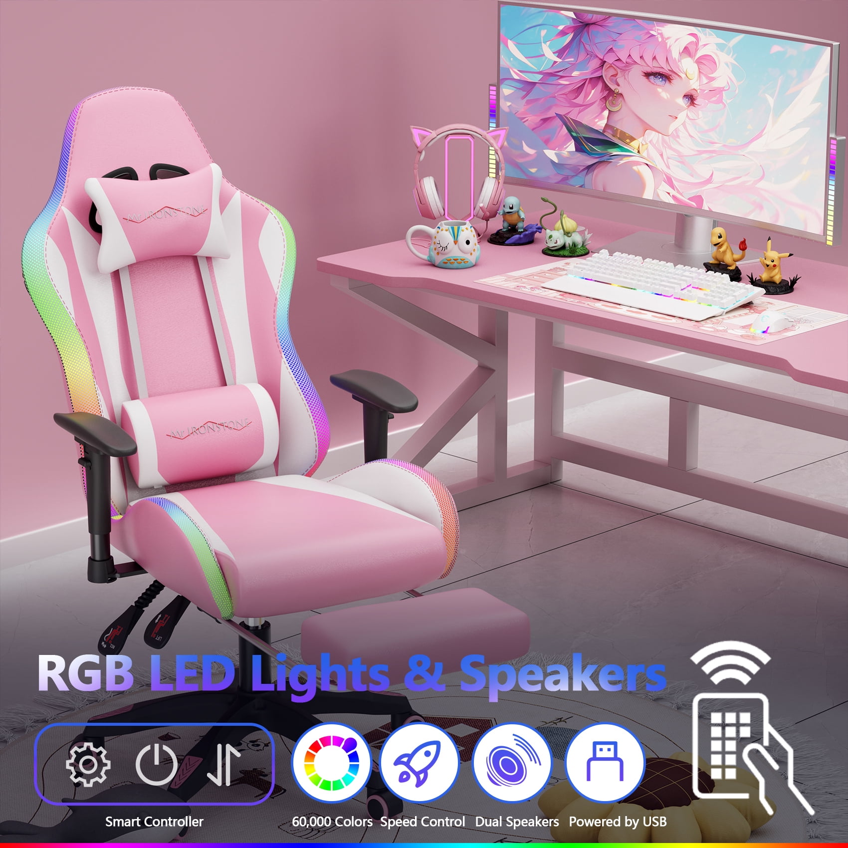 Mr IRONSTONE Gaming Chair for Adults, 7 Point Massage Computer Chair with Bluetooth Speakers RGB, Heavy Duty 400lbs Ergonomic PC Chair with 3D Armrests Footrest, Pink/White