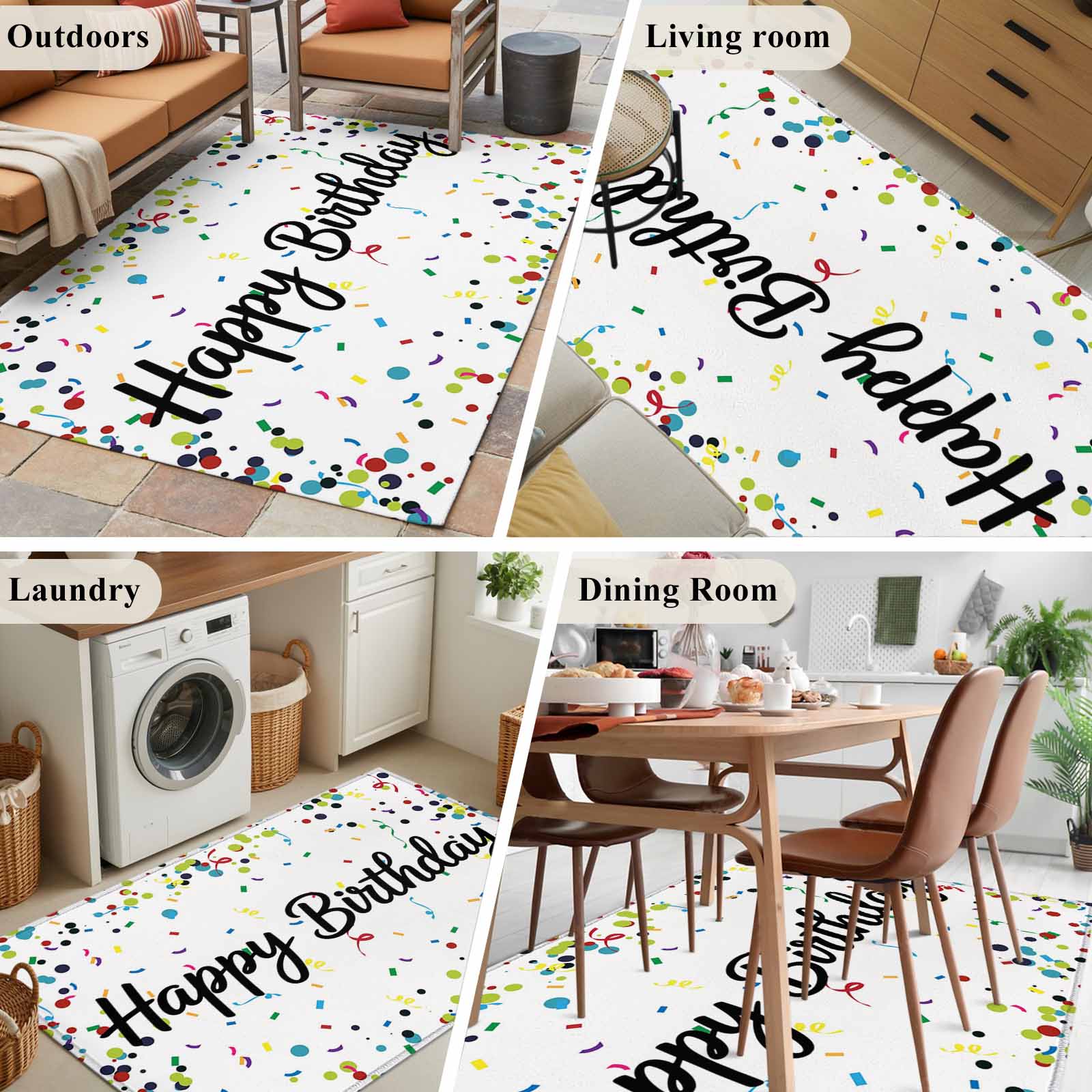 White Birthday Large Area Rugs for Bedroom Living Room, Non Slip Carpet Bedside Rug, Colorful Confetti Ribbons Polka Dots Classroom Rectangular Floor Cover Kitchen Accent Rug 3'x5' for Office