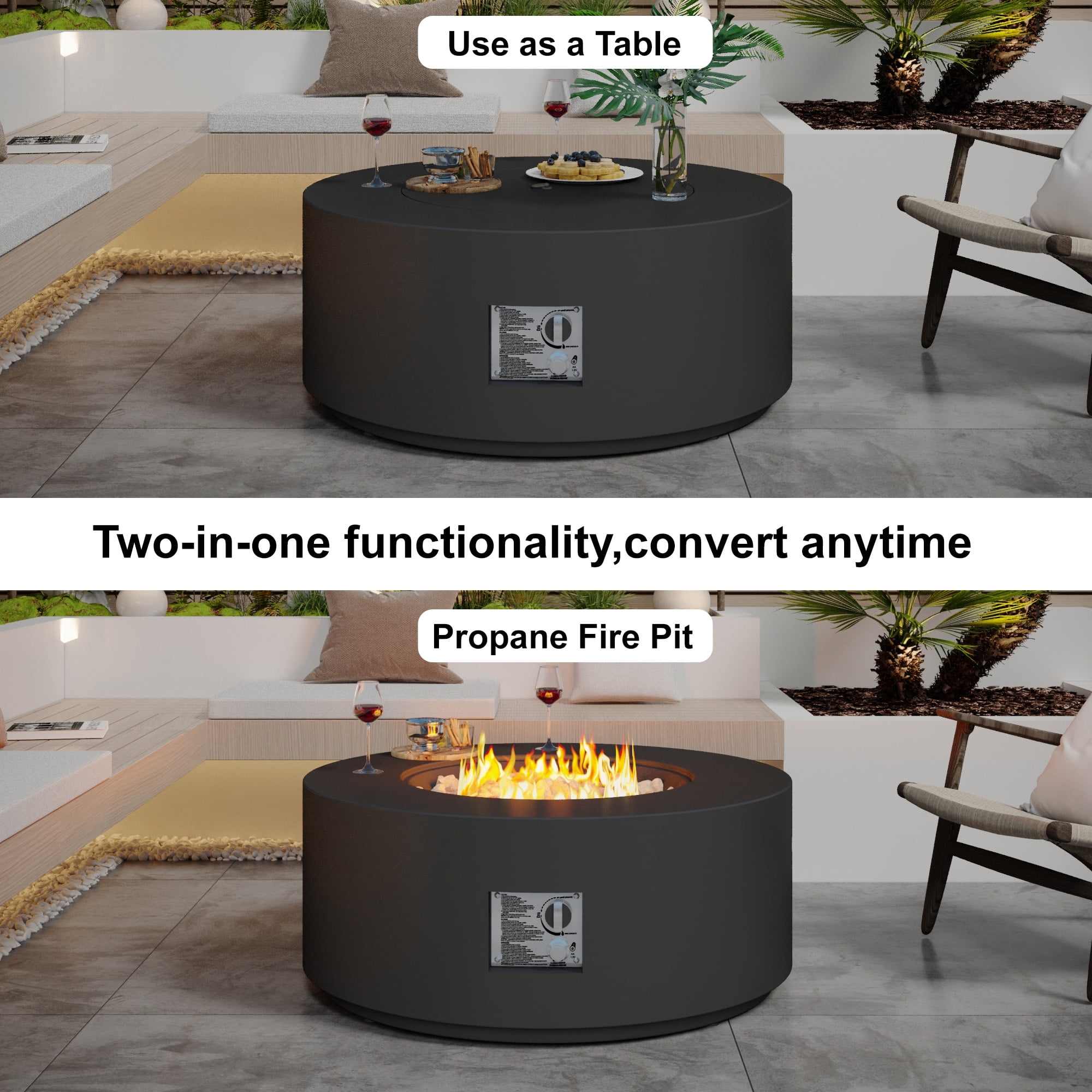HongTaoK 32.5" Round Propane Fire Pit Black 50K BTU with Lava Rocks, and Eco-friendly, Black
