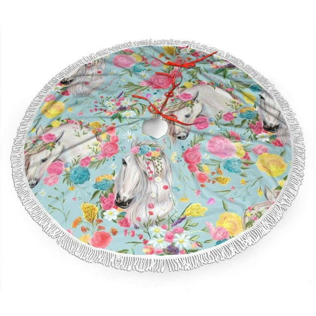 Flower Horses Christmas Tree Skirt 48 Inch Large Xmas Tree Decor Mat for Holiday Party New Year Decor Christmas Decoration