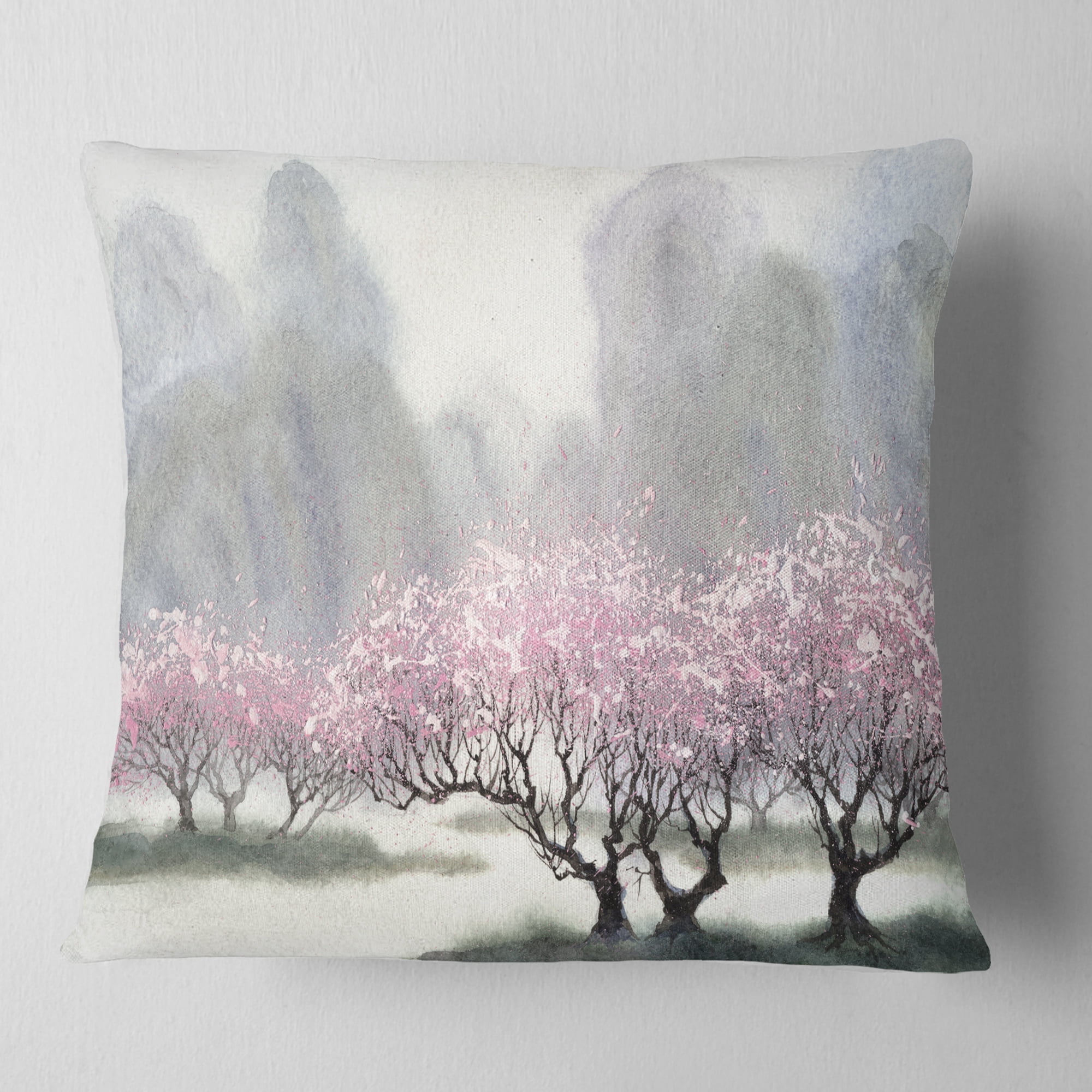 Designart Flowering Trees at Spring - Landscape Printed Throw Pillow - 16x16