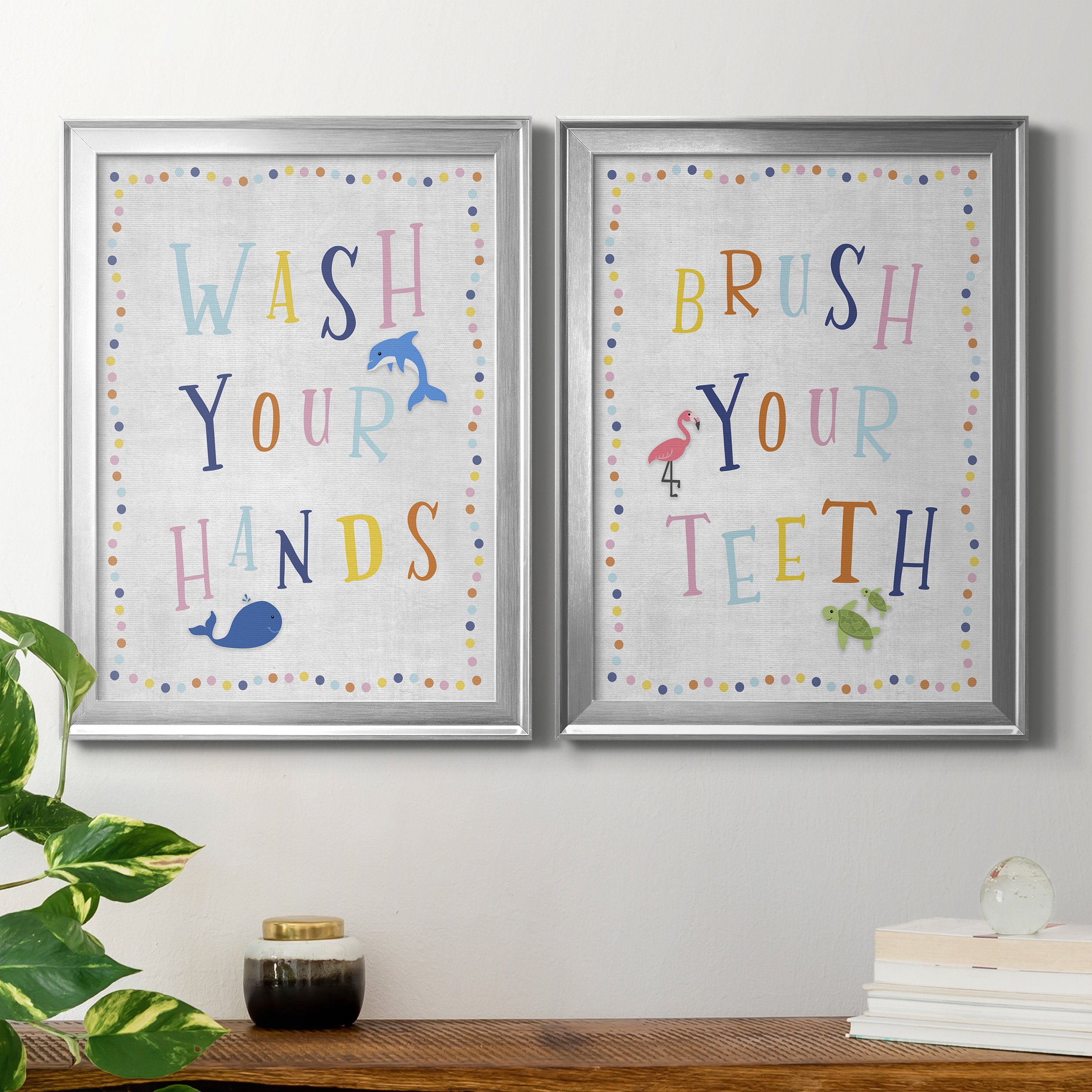 2 Piece Set Wash Your Hands Premium Framed Canvas - Ready to Hang - 18.5 x 24.5 Each - Silver Frame