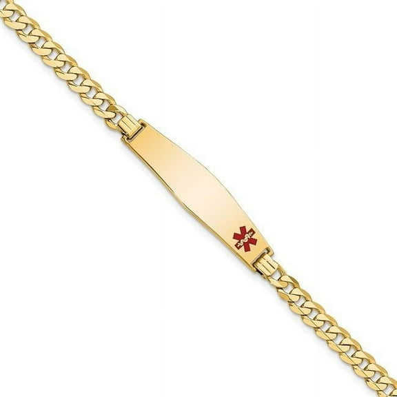 Primal Gold 14 Karat Yellow Gold Medical Soft Diamond Shape Red Enamel Flat Curb Link ID Bracelet