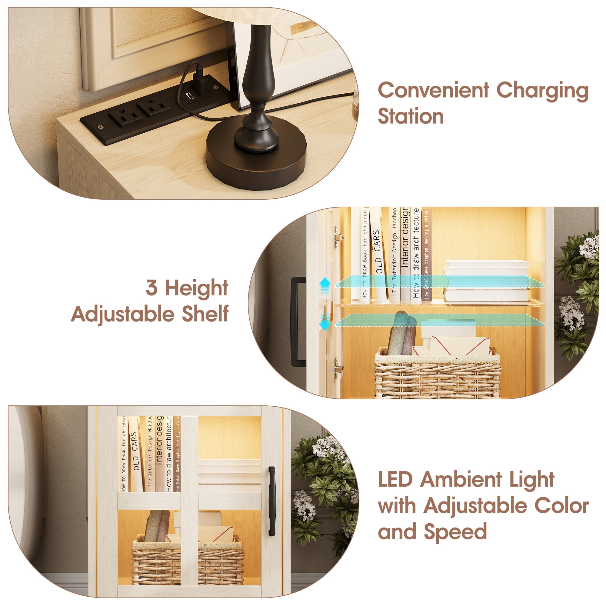 VEANERWOOD End Tables for Living Room with Charging Station & LED Light, Nightstand for Bedroom with Glass Door and Adjustable Shelf, Beige