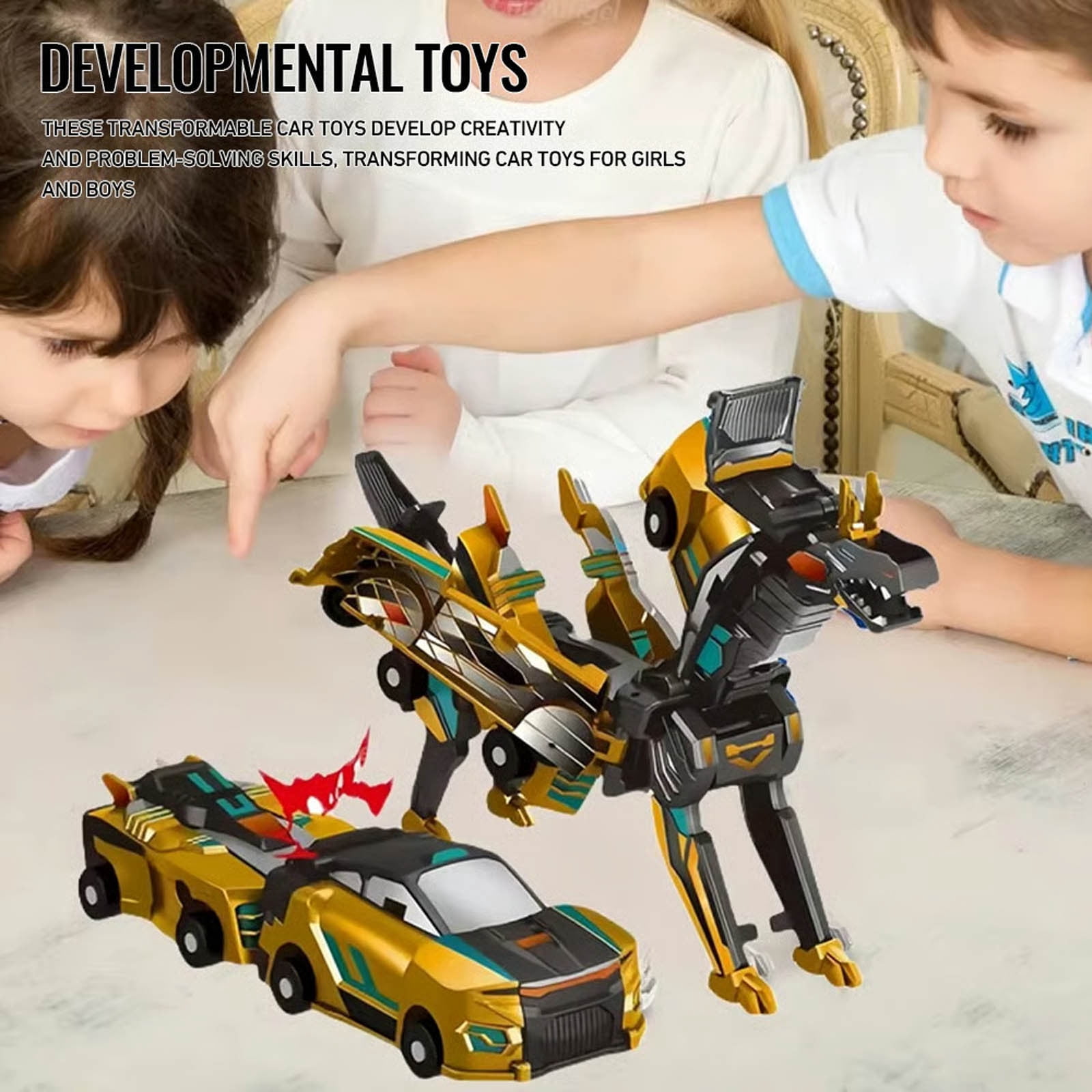 2in1 Transforming Dinosaur Toys，Transformation 2 Pack Car Toy with Collision Transforming Car for Girls Age 4-6 |Party Gift for Birthday, Christmas (Golden Dragon)
