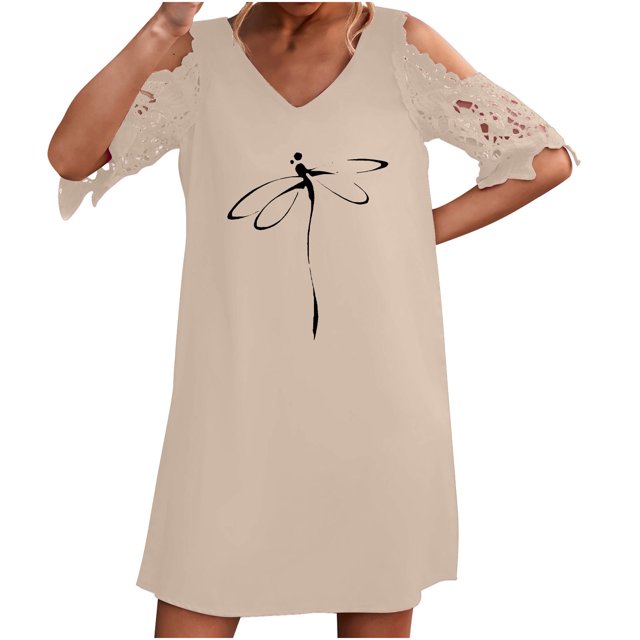 Vestidos de manga corta con hombros descubiertos y encaje con cuello en V estampado sexy de verano para mujer Fridja bnh5332