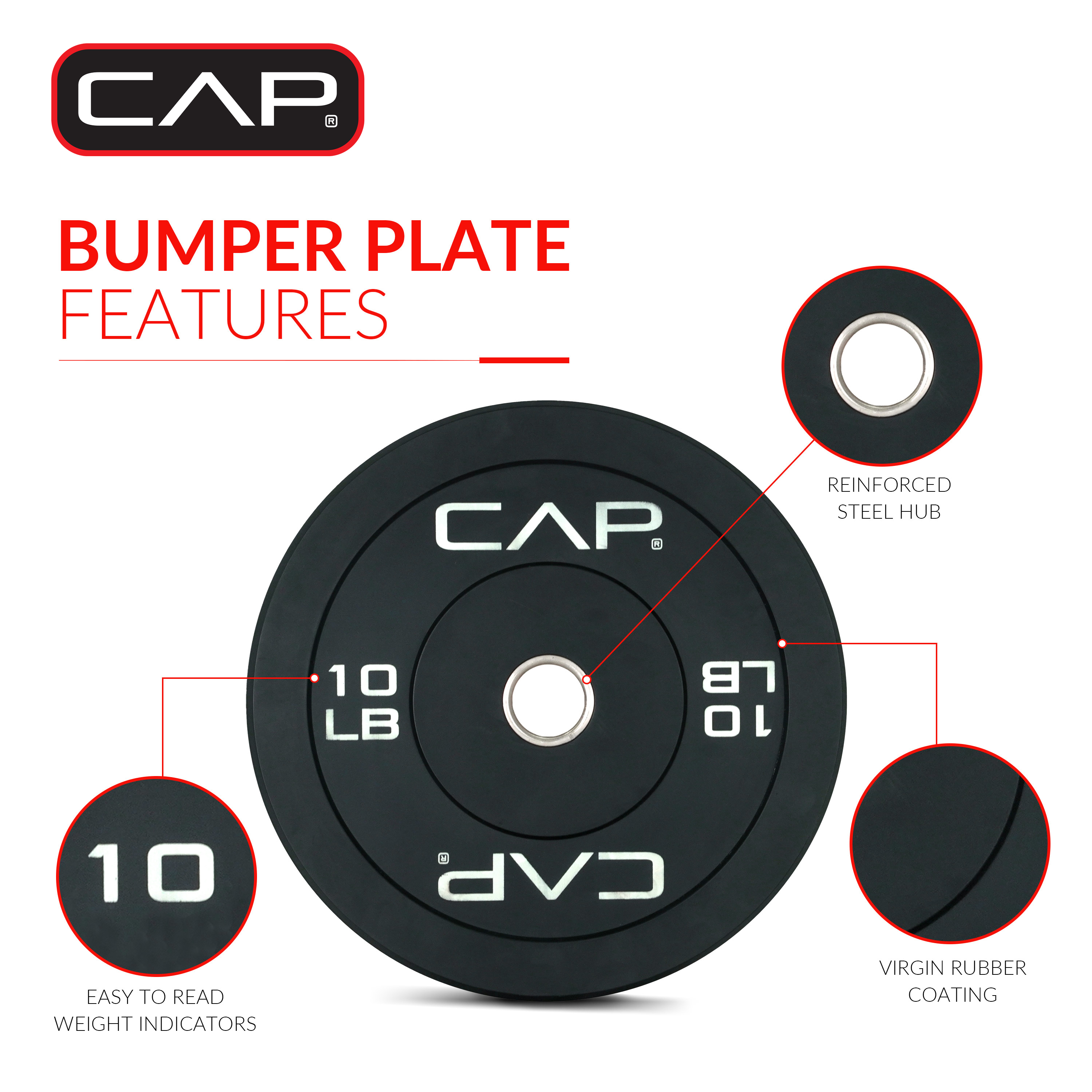 CAP 10 lb 2-Inch Olympic Bumper Weight Plates with Screened Logo, Single