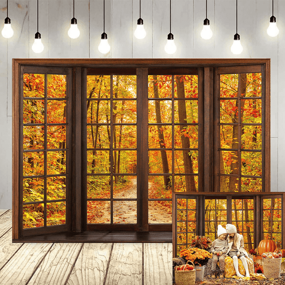 7x5FT Thanksgiving Autumn Photography Background Fall Wooden Window Forest Backdrop Fall Natural Scenery Thanksgiving Party Banner Decoration Supplies